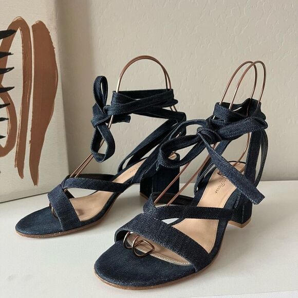 Gianvito Rossi Janis Dark Blue Denim Strappy Lace Up Block Heel Sandals Size 39 - Picture 2 of 9